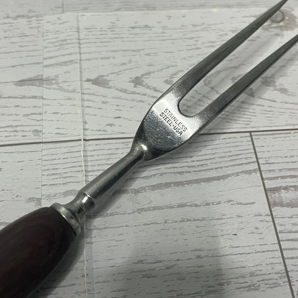Vintage Stainless Steel Meat Carving Fork Wood Handle Made in USA MCM Kitchen